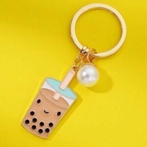 Cute Milk Tea Charm Faux Pearl Keychain Golden Cold Coffee Fancy Drink Straw